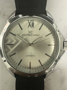 Montres Carlo Watch Men Silver Tone Black Silicone Band 50MM New Battery 10"
